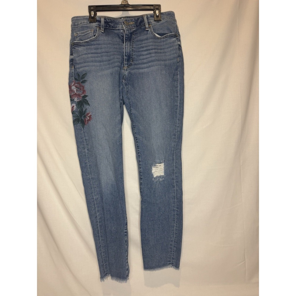 LOFT Curvy Skinny Jeans Women 28/6 Floral Distressed Raw Hem Ankle Blue